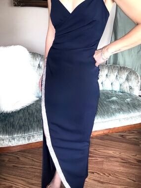 Navy Formal Dress Rhinestone Slit Spaghetti Strap Evening Gown Small Honey Rosie